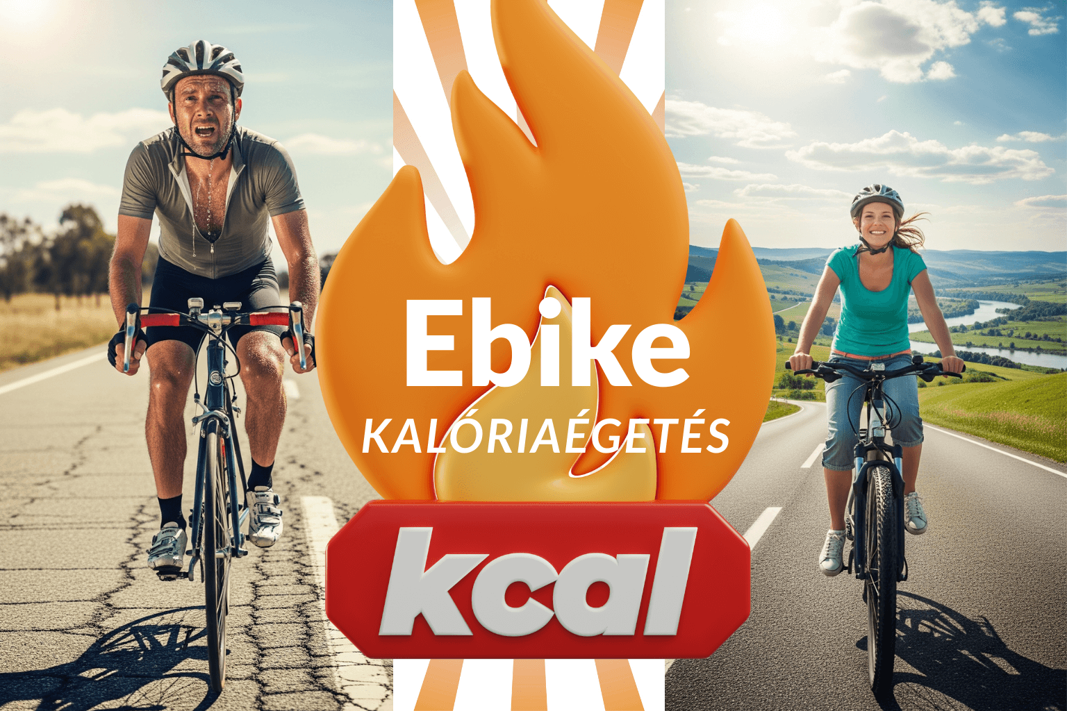 Ebike kalóriaégetes blogcikk borítóképe, rajta egy hagyományos bringán izzadó ember, mellette egy vidám ebike-os